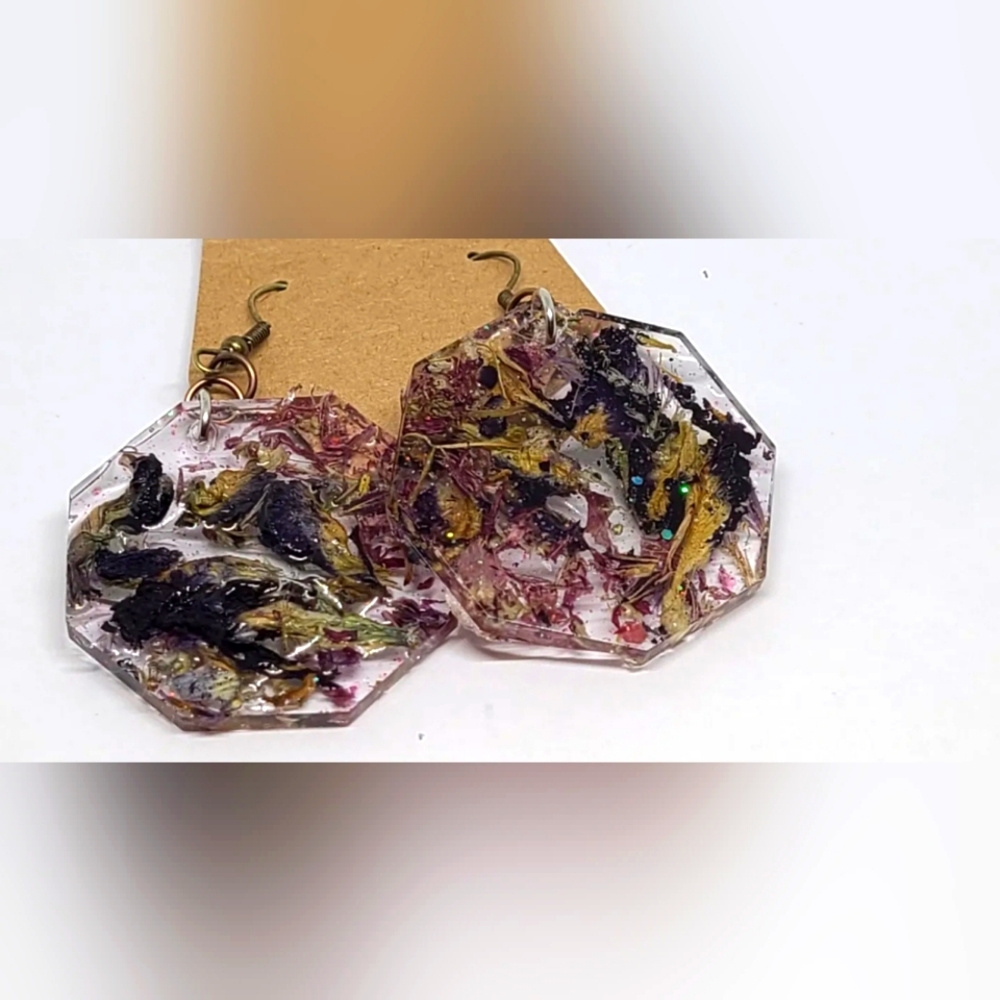 Violet and Forget-me-not Octogon Earrings